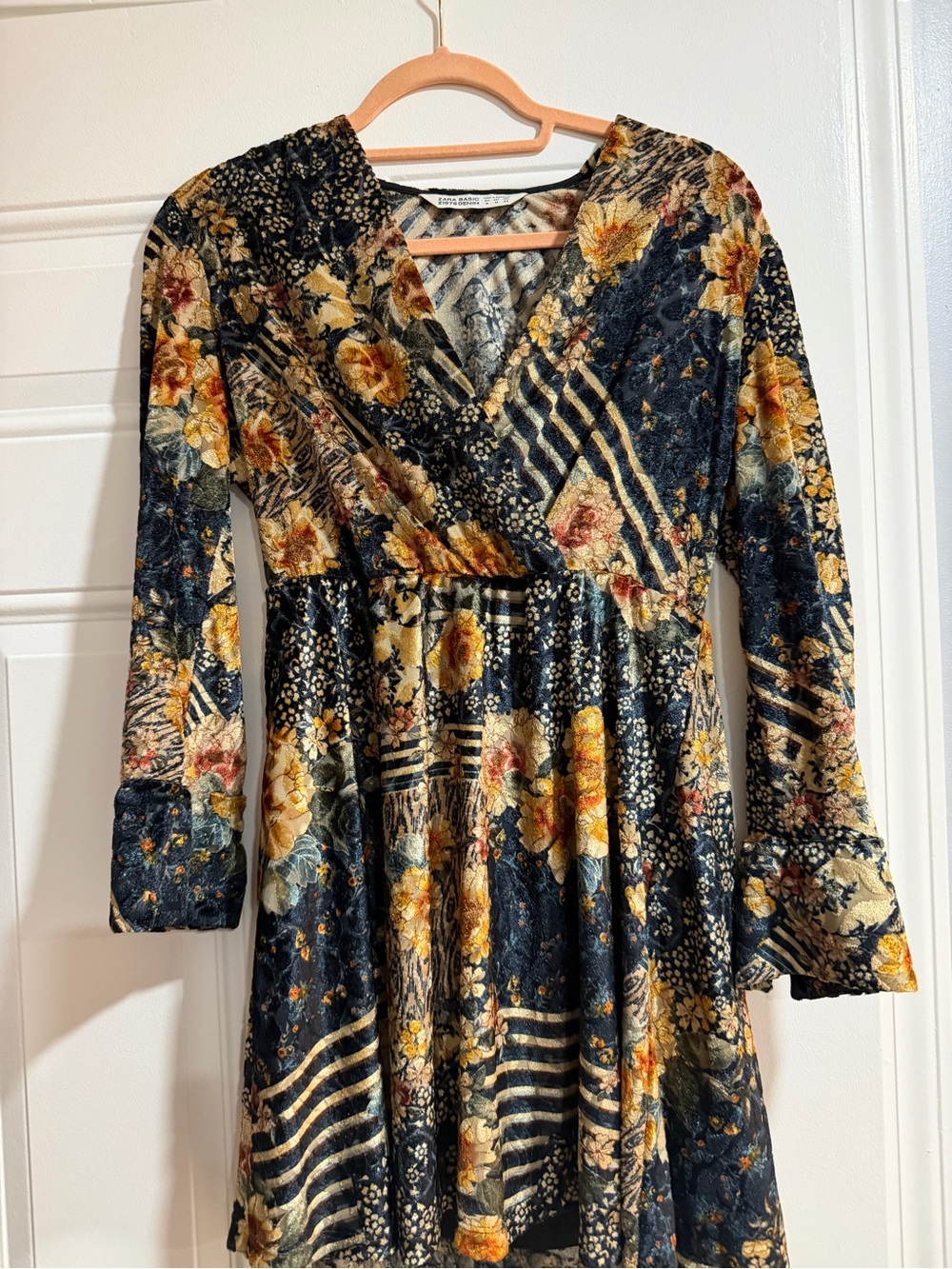 Zara Navy Floral Velvet Wrap Dress with Gold Accents